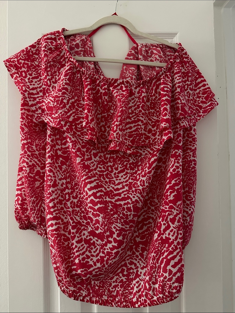 Michael Kors Pink and White Printed Off-Shoulder Ruffle Blouse